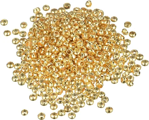 Miniatura 34 de uxcell 1000 cuentas redondas de engarzado, cuentas espaciadoras de extremo de crimpado de 0.079 pulgadas, pequeños topes para hacer pulseras y Oro