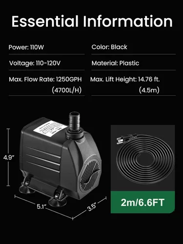Miniatura 4 de GROWNEER Bomba sumergible de 1250 GPH Bomba de agua de fuente de 110 W, 4700 L/H, con elevación de 14.7 pies de altura, 4 boquillas para acuario