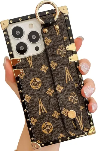 Miniatura 14 de Funda rectangular de cuero compatible con 11 con correa para muñeca, funda de diseñador de lujo para mujeres y niñas, funda protectora con soporte