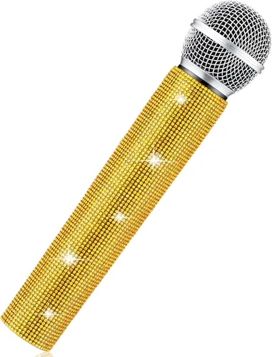 Miniatura 14 de Sanwuta Micrófono falso con diamantes de imitación brillantes, micrófono de juego de plástico con purpurina para disfraz de fiesta de cosplay