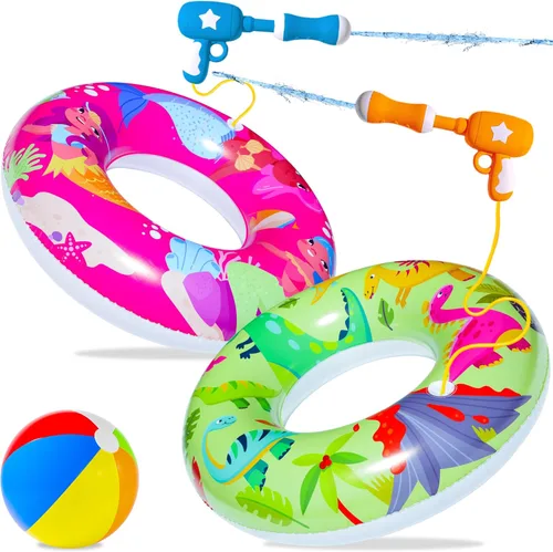 Miniatura 8 de FindUWill Flotadores de piscina con pistolas de agua para niños, tubos inflables de natación para piscina con pelota de playa, flotadores de piscina