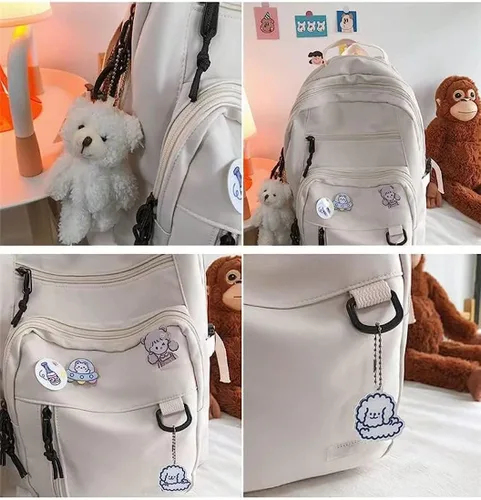 Miniatura 5 de Mochila estética, linda mochila Kawaii con alfileres y colgante para laptop, mochila casual para mujer, Beige, Mochilas Daypack