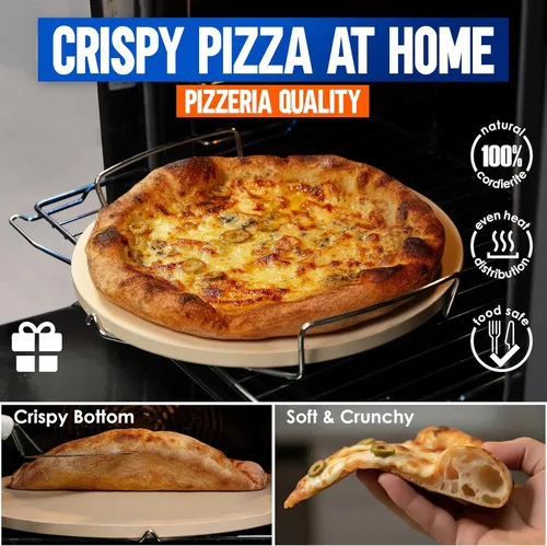 Miniatura 2 de KitchenStar Piedra para pizza de 12 pulgadas para horno y parrilla de barbacoa con asas, redonda, 5/8 pulgadas de grosor, cordierita natural