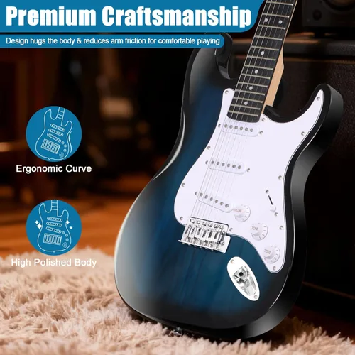 Miniatura 5 de Guitarra eléctrica de tamaño completo de 39 pulgadas, kit de iniciación para principiantes con amplificador de 10W, púas, cuerdas, barra de trémolo