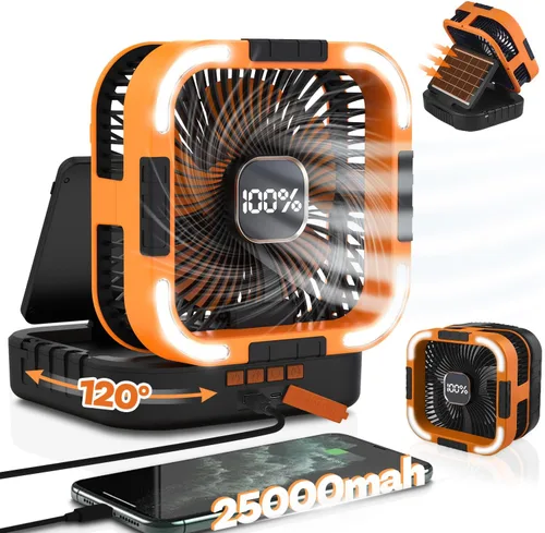 Miniatura 11 de Ventilador solar de campamento de 25000 mAh, ventilador solar recargable de oscilación de 120° con luz LED, 6 velocidades ajustables, ventiladores