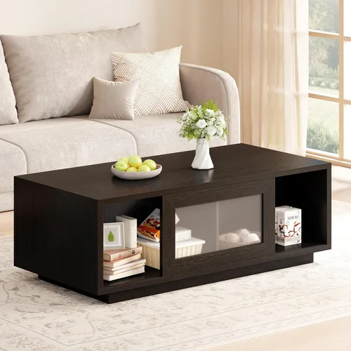HSH Mesa auxiliar negra para sala de estar, mesas de centro rectangulares de madera moderna de 47 pulgadas con puerta corredera y estante abierto de