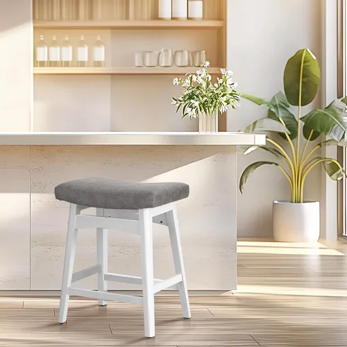 Miniatura 17 de ALPHA HOME Taburete de bar, taburete de cocina de silla de montar de madera maciza con cojín de tela de lino beige, taburete de bar de altura