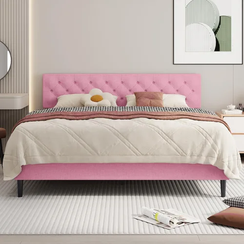 Miniatura 26 de BarnFurin Marcos de cama individual con cabecera capitoné con botones, cama de plataforma tapizada de lino con soporte de listones de madera, fácil