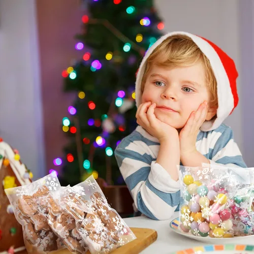 Miniatura 7 de Yinder 500 bolsas de invierno para galletas de invierno, bolsa de celofán con copos de nieve, bolsa de dulces autoadhesiva para suministros de Blanco