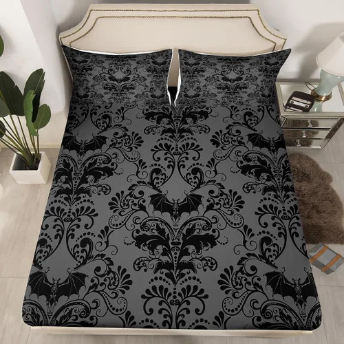 Miniatura 32 de Sábanas de cama góticas de damasco para adultos, sábana bajera ajustable victoriana antigua, sábanas góticas florales vintage, juego de ropa de cama