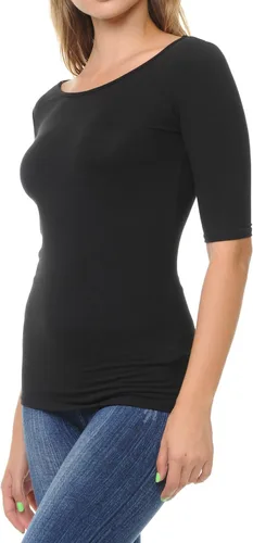 Miniatura 6 de SSOULM Camiseta básica elástica de manga 12 con cuello redondo y corte ajustado para mujer, talla grande