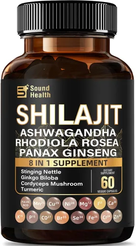 SoundHealth Cápsulas puras de Shilajit 60 unidades | Fórmula 8 en 1 | Extracto concentrado 25:1 (equivalente a 10,000 mg) | Paquete de botella