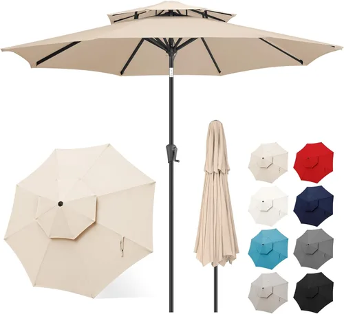 FLAME&SHADE Sombrilla de Patio de 9 pies - Sombrilla para Exteriores de 2 Niveles con Botón de Inclinación y Manivela para Protección UV, Sombrilla