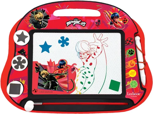 Lexibook, Miraculous Ladybug Cat Noir, tablero de dibujo magnético mágico multicolor, juguete creativo artístico para niñas y niños, lápiz magnético