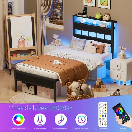 Miniatura 3 de Furnulem Base de cama individual con estación de carga y luces LED, cama de plataforma de tamaño individual con listones de metal, cabecera de Roble