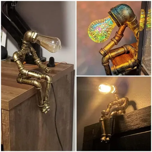 Miniatura 5 de Lámpara de mesa Steampunk, lámpara de escritorio retro industrial de bronce con 2 bombillas Edison regalo creativo