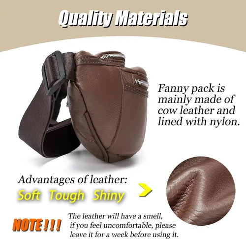 Miniatura 3 de Riñonera de cuero negro para hombres y mujeres, bolsa de cintura de cuero genuino con correa ajustable para caminar, senderismo, ciclismo, marrón
