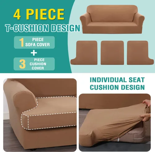 Miniatura 4 de Funda de sofá de forro polar con cojín en T, juego de 4 fundas de sofá suaves con 3 fundas de cojín individuales, protector de muebles elástico