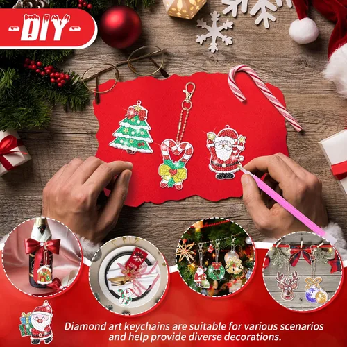 Miniatura 2 de Qinzave 26 piezas de llavero de pintura de diamante de Navidad 5D llavero de arte de diamante, adorno de Navidad con diamantes de imitación