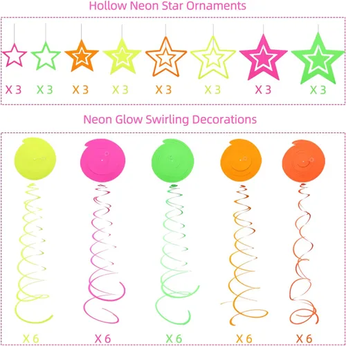 Miniatura 3 de 54 piezas de guirnaldas de papel en espiral colgantes UV con estrellas de neón, serpentinas brillantes, suministros y decoraciones de fiesta UV