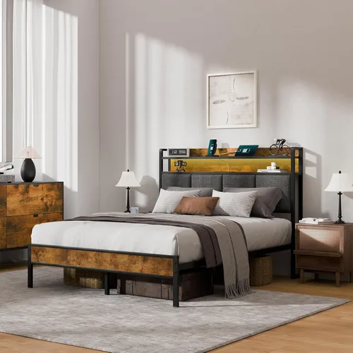 Miniatura 22 de Z-hom Cama de plataforma de metal resistente de fácil montaje, marco de cama tamaño Queen con cabecero y estribo, soporte antideslizante y Marrón