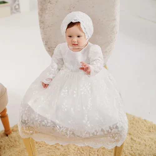 Miniatura 2 de Vestido de bautismo para niña, 3 piezas, bordado, formal, para fiesta, boda