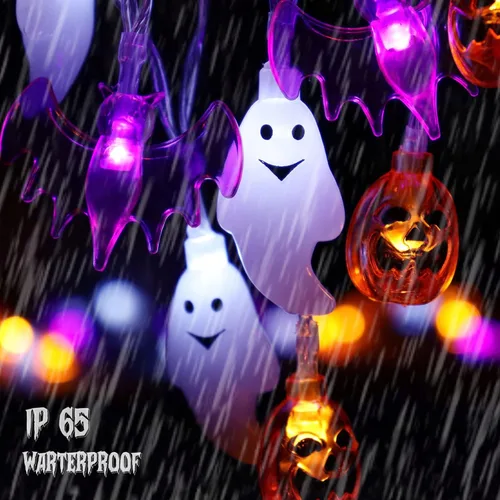 Miniatura 2 de Zimati Luces decorativas de Halloween, 16 pies, 30 LED, impermeables, 3D, calabaza, murciélago, fantasma, funciona con pilas, con temporizador, 8