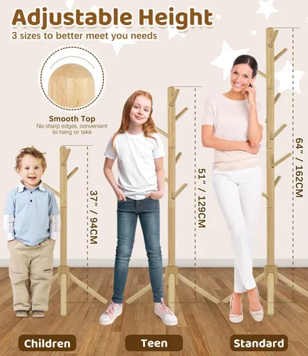 Miniatura 3 de Perchero de madera de haya para niños, soporte de altura ajustable con 9 ganchos, organizador de ropa infantil independiente para pasillo, Natural