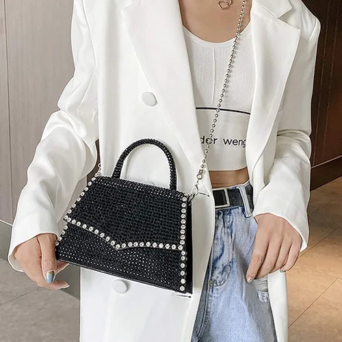 Miniatura 8 de Bolso de noche cruzado con diamantes de imitación con purpurina Bolso de mano de cristal de moda con asa superior para cóctel, fiesta, club, bolso