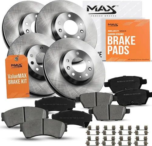 Max KT062143 kit de repuesto de frenos OE en combo con protectores de cerámica y rotores perforados y ranurados premium frontales y posteriores