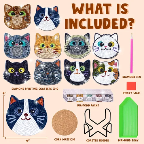 Miniatura 2 de Insnug Juego de 10 posavasos de pintura de diamantes, con temática de gato, kits de pintura para niños y adultos, puntos, artes y manualidades, kits