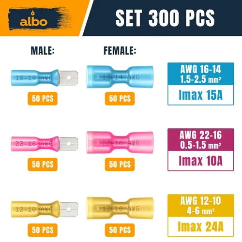 Miniatura 2 de Kit de 300 conectores de pala termorretráctiles macho y hembra – Terminales eléctricos impermeables AWG 22-10, conectores de terminales de cable