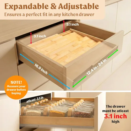 Miniatura 2 de EDELHAUS Organizador de Cajón de Especias de Bambú - Estante de Especias Expandible de 4 Niveles (Necesita Cajón de 3" de Profundidad) de 12" a 24