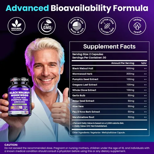 Miniatura 7 de Limpieza de clavo de nogal negro de ajenjo para humanos, limpieza intestinal y desintoxicación intestinal con semillas de calabaza y orégano