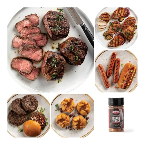 Omaha Steaks Relleno para congelador, listo para regalo o abastecimiento, 25 artículos, 20 platos principales: 4 solomillos con corte de carnicero,