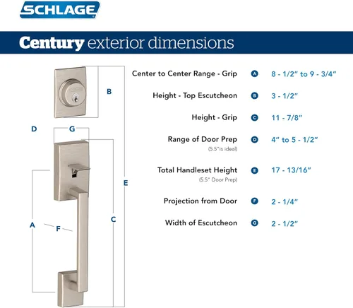 Miniatura 2 de Schlage F60 CEN 622 LAT CEN Century - Juego de manijas de entrada delantera con palanca Latitude, acero aleado, cerrojo con llave de 1 lado, negro