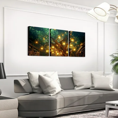 Miniatura 3 de Castle Fairy Magical Mysterious Style Canvas Wall Art Set of 3,Bookshelf Bookcase Wall Hangings for Living Room Bedroom,Modern Building Trees Paint