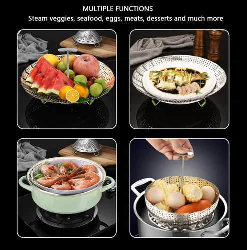 Miniatura 4 de Cesta de vapor, cesta de vapor vegetariana para cocinar de acero inoxidable plegable para verduras con mango central extraíble extensible extensible