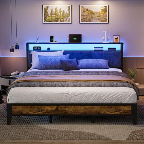 Miniatura 7 de OLEVS Base de cama King con cabecero, plataforma de metal tamaño King con almacenamiento de 2 niveles, luz LED y estación de carga tipo C,