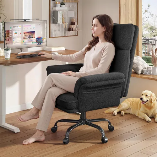 Miniatura 2 de DurayLoly Silla cruzada con ruedas y brazos, silla de tocador de felpa con bolsillos laterales, sillas de escritorio ajustables para oficina en Negro