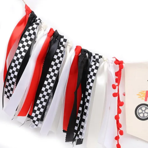 Miniatura 7 de Fast One - Cartel de cinta para silla alta – Decoración de fiesta de primer cumpleaños de carreras, cinta roja y negra, telón de fondo de fotos