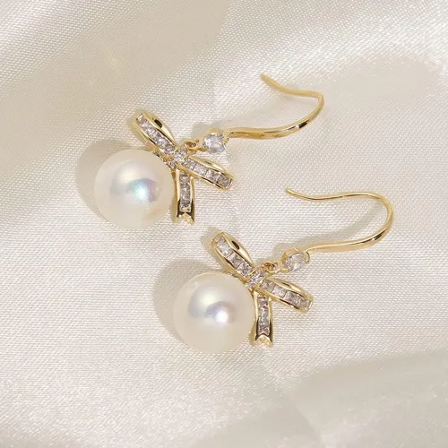 Miniatura 4 de MIKAMU Aretes de lazo de oro de 14 quilates para mujer, circonita cúbica, chapados en oro, delicados aretes de perlas para mujer, joyería de regalo