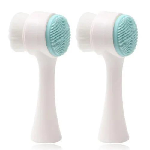 Cepillos faciales de doble cara, cepillo de lavado facial vertical de silicona 3D, cepillo de limpieza facial 2 en 1, cepillo manual de doble acción