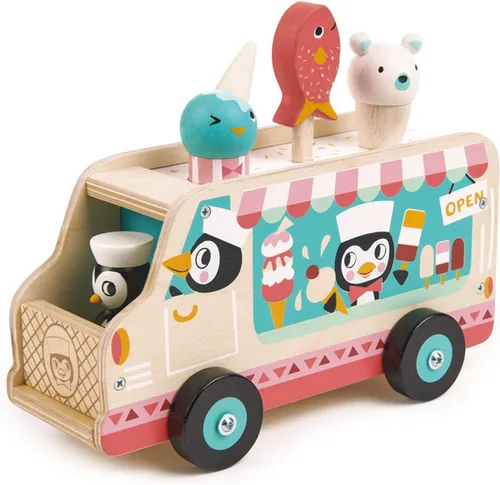 Tender Leaf Toys - Furgoneta de gelato de pingüino - Vehículo de madera de helado de juego de comida estilo camión de comida - Fomenta el juego de