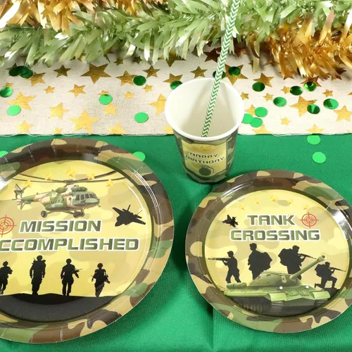 Miniatura 6 de Recheel Suministros para fiesta temática del Ejército de cumpleaños, juego de platos y servilletas de papel con temática de camuflaje para 24 Militar