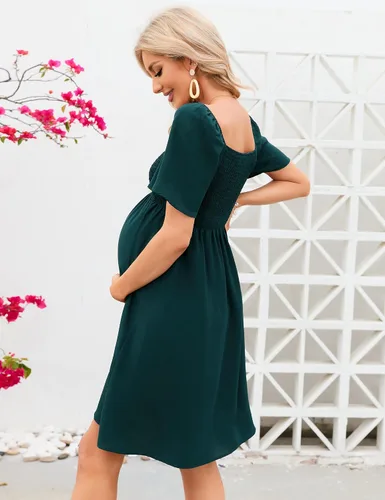 Miniatura 2 de KOJOOIN Vestido de maternidad de verano para mujer, lazo en la espalda, cuello cuadrado, manga abombada, hombros descubiertos, vestido de baby shower