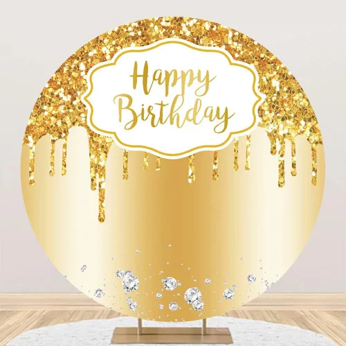Miniatura 3 de Leowefowa Telón de fondo redondo dorado brillante de feliz cumpleaños con lentejuelas doradas de diamantes para fotografía, fondo de poliéster