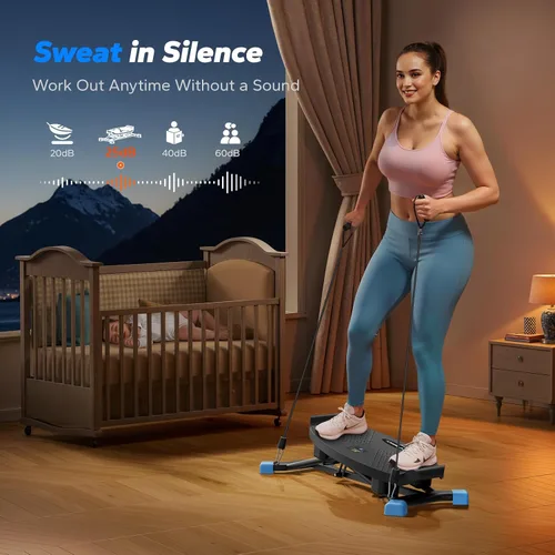 Miniatura 4 de Merach Escalera para hacer ejercicio en casa, mini escalonera con bandas de resistencia, tabla de equilibrio portátil con monitor LCD, entrenador