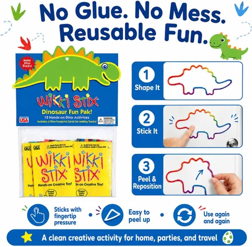 Miniatura 4 de WikkiStix - Recuerdos de fiesta de dinosaurios para niños, 13 paquetes individuales de actividades de dinosaurios con 144 Wikki Stix, tarjetas