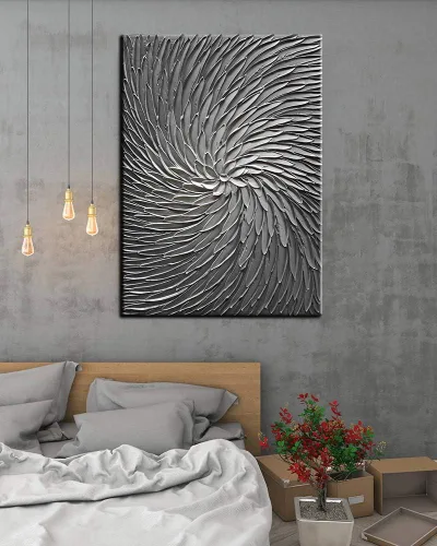 Miniatura 4 de YaSheng Art - Arte abstracto 3D pinturas al óleo sobre lienzo, textura de color gris plateado, arte abstracto moderno para decoración del hogar